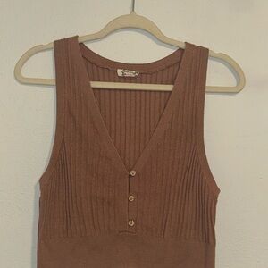 Free People Brown Ribbed Buttoned Tank Top